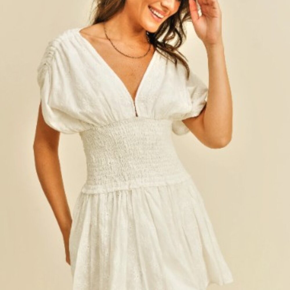 Smocked Waist White Mini Dress - Classic Feminine Style